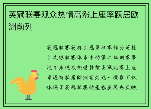 英冠联赛观众热情高涨上座率跃居欧洲前列