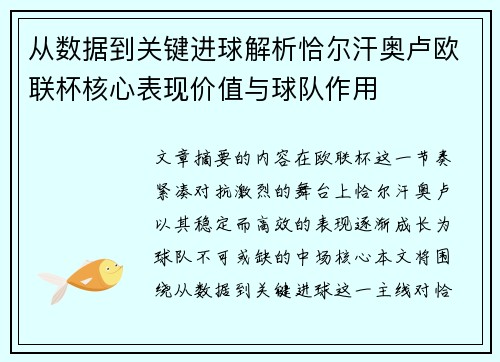 从数据到关键进球解析恰尔汗奥卢欧联杯核心表现价值与球队作用