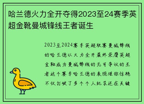 哈兰德火力全开夺得2023至24赛季英超金靴曼城锋线王者诞生