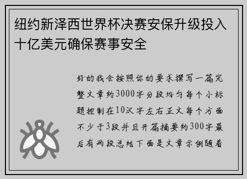 纽约新泽西世界杯决赛安保升级投入十亿美元确保赛事安全